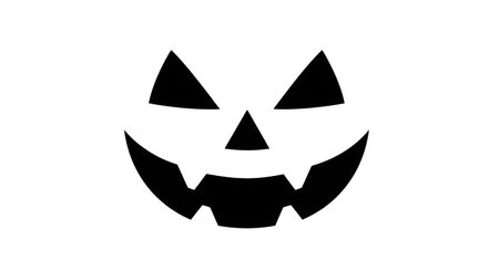 A stark black silhouette of a traditional jack o lantern face with sharp triangular eyes, a triangular nose, and a jagged, toothy grin.の素材