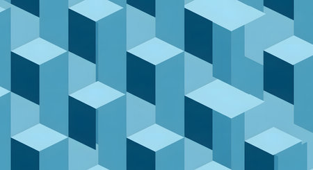 A repeating pattern of light and dark blue rectangular prisms arranged in an isometric grid, creating a sense of depth and architectural form.の素材