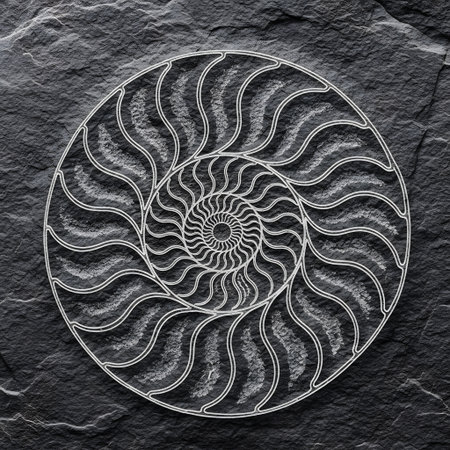 A detailed cross-section of a fossilized nautilus shell reveals its intricate spiral chambers and suture lines against a dark, textured stone surface.の素材