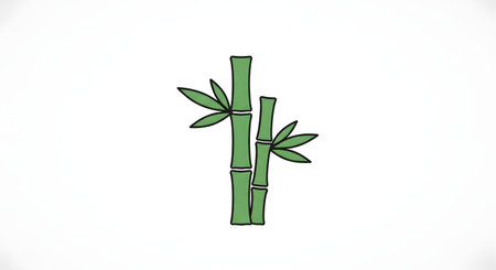 A hand-drawn style illustration of a green bamboo stalk with two small clusters of leaves against a white background.の素材