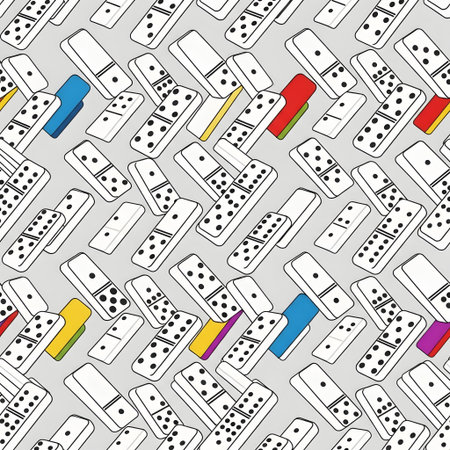 A dense, repeating pattern of sketched dominoes, some featuring vibrant splashes of color, creating a playful and energetic visual.の素材
