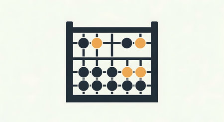 A minimalist, flat design illustration of a traditional abacus with dark frame and a mix of orange and black beads on its rods.の素材