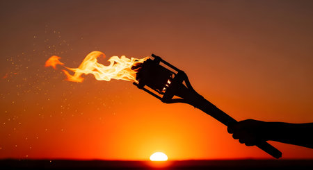 A silhouetted hand holds a burning torch aloft, its flames licking the air against a dramatic orange and yellow sunset.の素材
