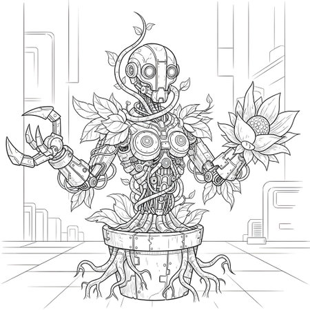 A detailed black and white line drawing depicts a complex, multi-layered sculptural form with organic and architectural elements.の素材