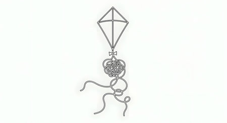 A black and white line drawing of a skeleton holding the string of a diamond shaped kite, appearing to be flying it.の素材