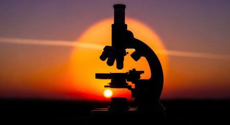 A dark silhouette of a microscope stands against a dramatic orange and yellow sunset, casting a warm glow.の素材