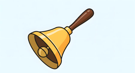 A cartoon-style illustration of a shiny golden bell with a dark brown wooden handle, isolated on a light blue background.の素材