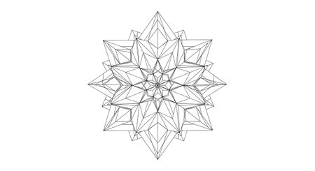 A symmetrical, detailed black and white geometric pattern resembling a mandala or snowflake with sharp angles and intricate linework.の素材