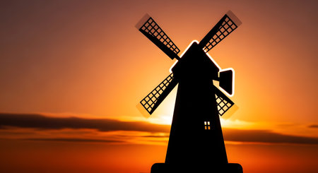 A classic Dutch windmill stands in silhouette against a fiery orange and yellow sunset, casting a dramatic shadow.の素材