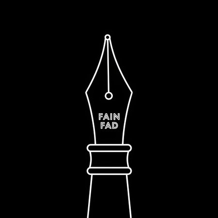 A minimalist line drawing of a classic fountain pen nib, rendered in white against a stark black backdrop. The nib features intricate detailing and the subtle inscription 'FAIN FAB'.の素材