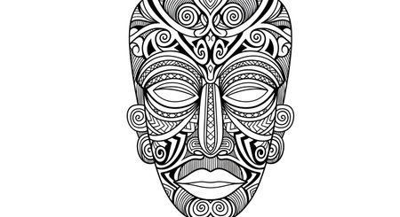 A detailed black and white illustration of a tribal mask featuring elaborate swirling patterns and a stylized face.の素材