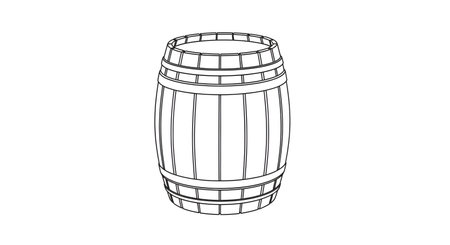 A simple, black and white line drawing of a tall, cylindrical wooden barrel with metal bands. The illustration is a sketch.の素材