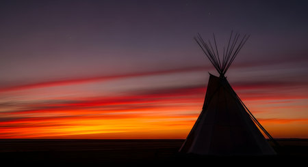 A teepee stands in silhouette against a dramatic sunset with fiery orange and purple hues painting the sky.の素材
