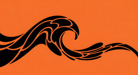 A stylized black wave with intricate lines flows across a bright orange background, creating a dynamic and abstract visual.の素材