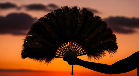 A person's arm and hand hold a large, dark feather fan silhouetted against a vibrant orange and purple sunset.の素材