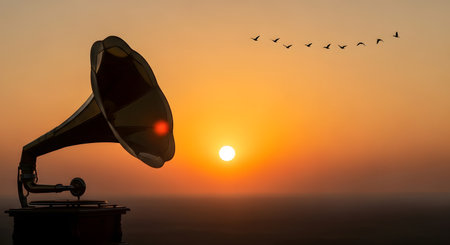 An antique gramophone stands in silhouette against a warm, vibrant sunset over the ocean, with a flock of birds soaring in the sky.の素材