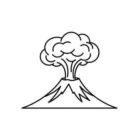 A black and white line art illustration depicts a volcano erupting with a large cloud of smoke and ash billowing from its crater.の素材