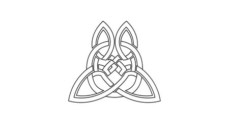 A detailed black and white illustration of a complex Celtic knot pattern featuring interwoven lines forming a symmetrical, triangular motif.の素材
