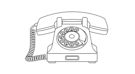 A line drawing of an old-fashioned rotary dial telephone draped with a patterned scarf, evoking a retro aesthetic.の素材