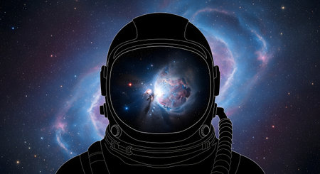A close-up view of an astronaut's helmet, its visor reflecting a stunning, colorful nebula and distant stars, creating a cosmic spectacle.の素材