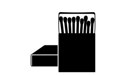 A simple, bold black and white illustration of a matchbox with its contents visible, showing several matchsticks.の素材