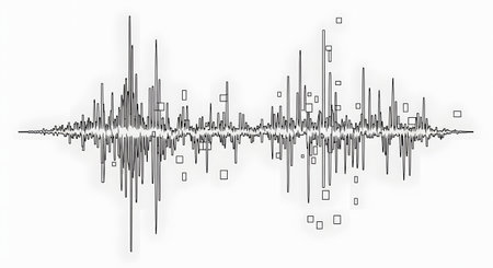A stark black and white graphic depicting a complex, irregular sound wave or audio visualization. The lines vary in height and density.の素材