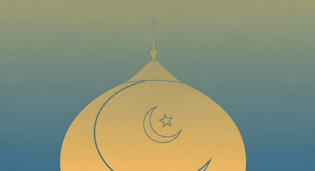 Stylized outline of a Buddha figure in warm tones against a soft blue and yellow gradient sky.の素材