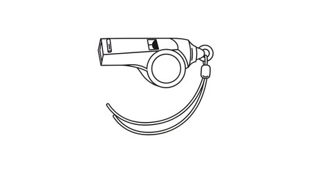 A detailed line drawing of a classic metal whistle with a braided lanyard attached, presented on a white background.の素材
