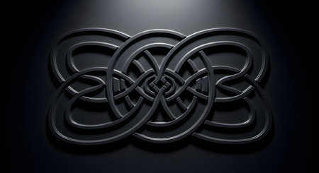 A detailed, dark, metallic Celtic knot pattern is illuminated by dramatic spotlighting, casting deep shadows.の素材