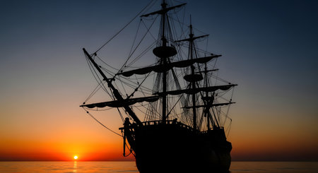 A majestic tall ship is silhouetted against a fiery orange and deep blue sunset over the calm ocean.の素材