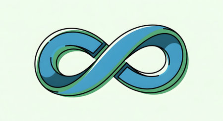 A hand-drawn, blue infinity symbol with a thick black outline and subtle shading, set against a light green background.の素材