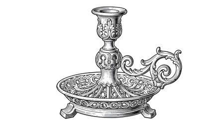A highly detailed, vintage silver candlestick featuring intricate scrollwork and ornate detailing on its base and handle.の素材