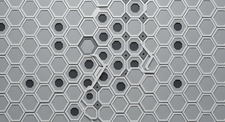 A repeating geometric pattern of light gray hexagons with dark gray circular elements arranged in a honeycomb-like structure.の素材
