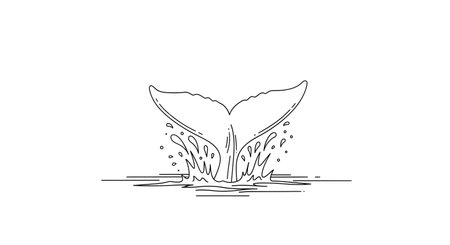 A minimalist line art drawing of a whale's tail emerging from splashing water, creating a dynamic and elegant ocean scene.の素材