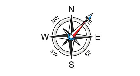 A detailed illustration of a compass rose showing cardinal and intercardinal directions with a red and blue needle pointing.の素材