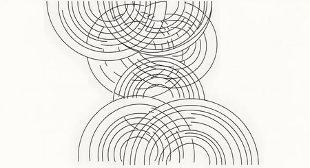 A vertical composition of repeating, overlapping, and interlocking black lines forming arched shapes on a white background.の素材