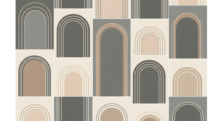 A repeating pattern of abstract archways in muted earthy tones, featuring geometric lines and architectural motifs.の素材