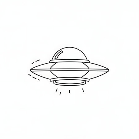 A minimalist black and white line art illustration of a classic flying saucer with lights emanating from its underside.の素材