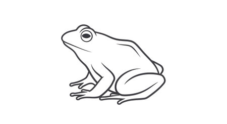 A black and white line art illustration of a frog in a seated position, with its head turned slightly forward. The drawing is simple and clean.の素材