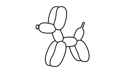 A minimalist, black and white line art illustration of a classic balloon animal dog, depicted with simple, rounded shapes.の素材