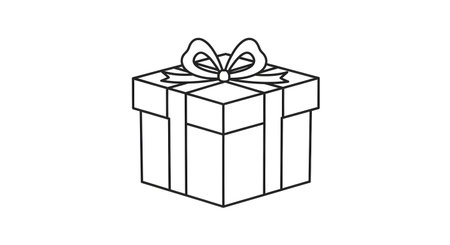 A minimalist, black and white line art illustration of a square gift box tied with a ribbon and a bow on top.の素材