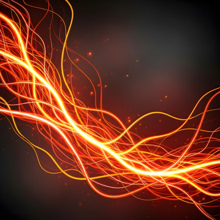 Vibrant orange and yellow light trails swirl and dance against a dark, textured background, creating a sense of dynamic energy.の素材