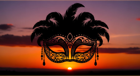 A detailed black Venetian masquerade mask with feathers and ornate designs is dramatically silhouetted against a vibrant orange and purple sunset.の素材