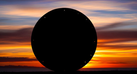 A dark, oval-shaped object stands in silhouette against a vibrant sunset with streaks of orange, yellow, and purple.の素材