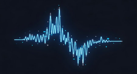 A vibrant blue neon waveform pulses with energy against a deep black background, representing sound or data.の素材