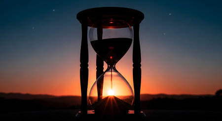 A dark silhouette of an hourglass stands against a vibrant sunset, with the sun peeking through the sand.の素材