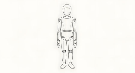 A black and white line drawing of a full-body figure wearing a detailed uniform with a hat, jacket, and pants.の素材