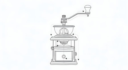 A detailed line drawing of an antique manual coffee grinder with a crank handle and visible internal grinding mechanism.の素材