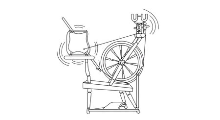 A black and white line art illustration depicts a traditional spinning wheel, complete with a bobbin and flyer, alongside other machinery components.の素材