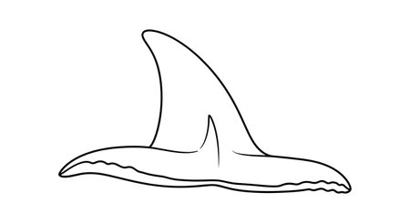 A simple black and white line drawing depicts the iconic silhouette of a shark's dorsal fin and tail.の素材